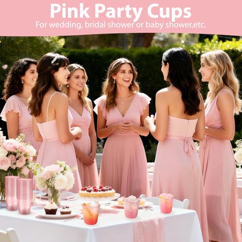 GGOLDMER 50 PCS Pink Plastic Cups - 12oz Disposable Stemless Wine Glasses, Clear Pink Cocktail Party Cups for Valentine's ...