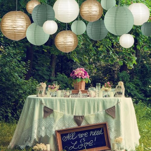 zilue Paper Lanterns Decorative, Round Hanging Paper Lanterns Decorations for Rustic Party Bridal Shower Wedding Sage Gree...