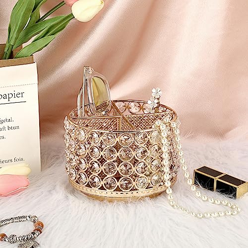 BTSKY Crystal 360 Degree Rotating Desk Organizer Decorative Storage Box with 4 Compartments, Glitter Metal Makeup Brush Ho...