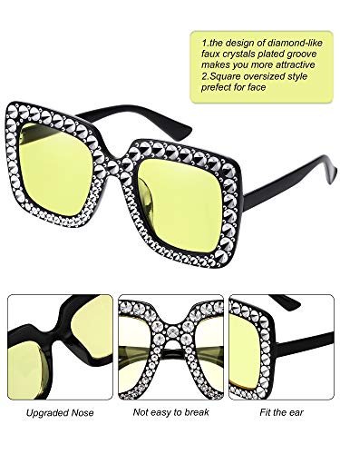Frienda 6 Pairs Rhinestone Oversized Square Sunglasses 70s Women Dazzled Sunglasses for Disco Party Concert Photo Props