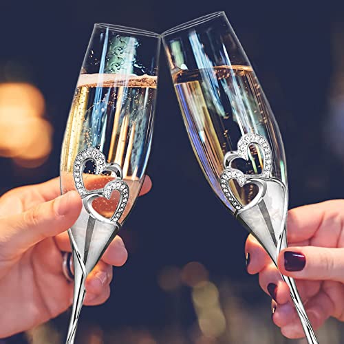 Sziqiqi Wedding Champagne Glass Set Silver Toasting Flute Glasses Pack of 2 with Rhinestone Rimmed Hearts Decoration for W...
