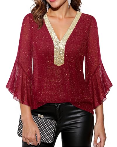 Timeson Women's Ruffle 3/4 Sleeve Sparkly Tops Sequin V Neck Blouses Dressy Fall Shirts