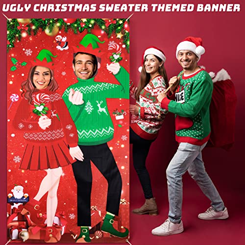 Christmas Photo Door Banner Christmas Ugly Sweater Photo Booth Party Decor Backdrop Props with Rope Ugly Sweater Candy Fun...