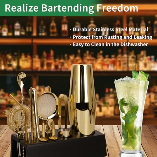 JWJIUEJIU Cocktail Shaker Set Bartender Kit with Bamboo Stand, 15-Piece Stainless Steel Bar Set Accessories, Professional ...