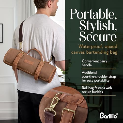 Barillio Bartender Kit Bag with Cocktail Shaker Set - Waxed Canvas, Traveling Bar Tools Bag with 17-Pc Cocktail Kit - Trav...