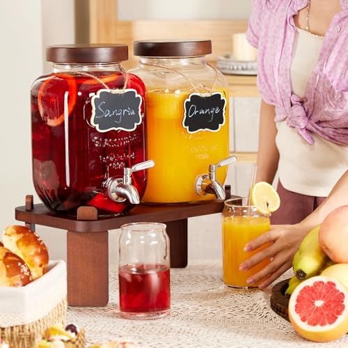 2PCS Large Drink Dispensers for Parties,Glass Beverage Dispenser with Wood Stand,Lemonade Drink Dispenser with Stainless S...