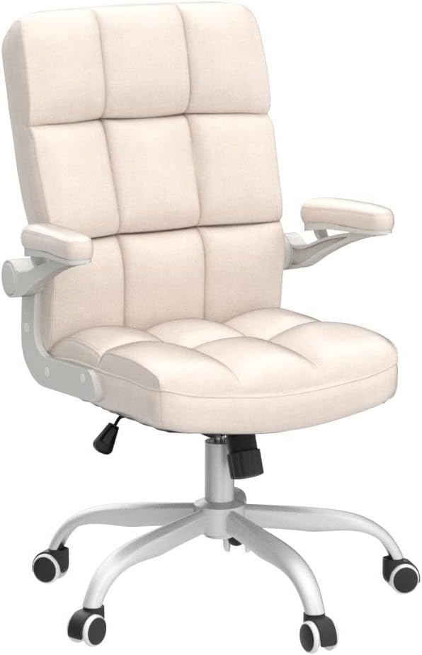 SEATZONE Home Office Chair–Beige Velvet Desk Chair with Wheels, Comfortable Computer Work Chair with Flip-up Arms and Adjustable Tilt