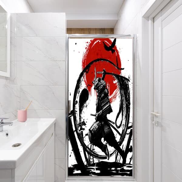 Japanese Samurai Decorative Window Film Watercolor Ink Samurai Sword Red Sun Printdining Room Window Film,Dorm Room Glass Film 23.6Wx35.4L-Inch X1Pcs