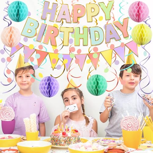 Fecedy Macaron Superlarge Alphabet Happy Birthday Banner Colorful Flag Bunting Circle Confetti Garland Swirl Streamers Hon...