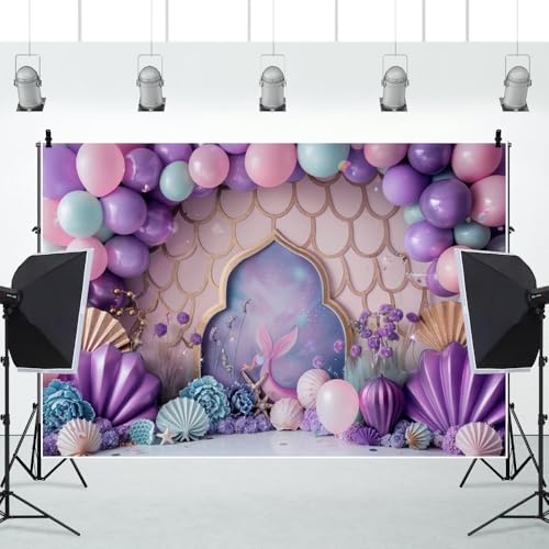 ChloropLastid 7x5ft Ocean Mermaid Backdrop Purple Balloons Sea Shell Starfish Princess Girls Birthday Party Decorations Gi...