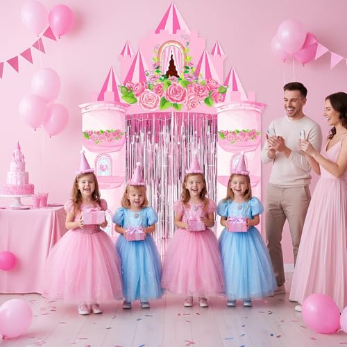Bafeil Princess Birthday Party Decorations Supplies - Castle Door Porch Banner Backdrop and Pink Foil Fringe Curtains for ...