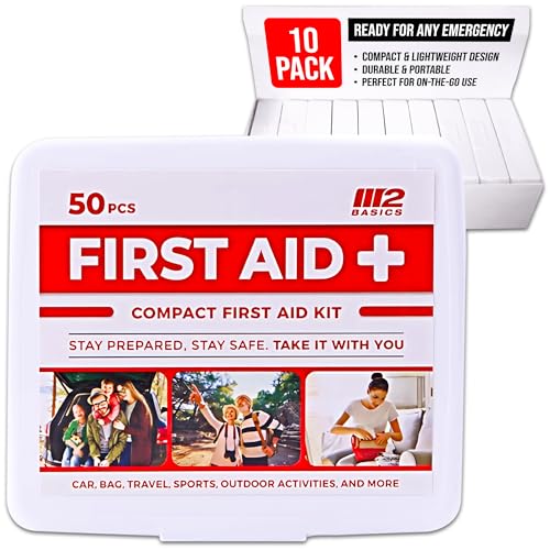 M2 BASICS Mini First Aid Kit Multi Pack, 10 Pack, 50 per Kit, 500 Total Pieces, Bulk Portable Kits for Car, Travel, Home &...