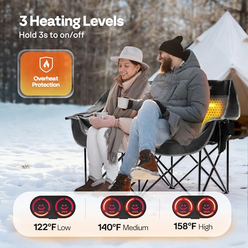 VIVOHOME 45W Padded Heating Double Camping Chair with 2 x 27000mAh Power Bank, Heated Oversized Portable Loveseat for Outd...