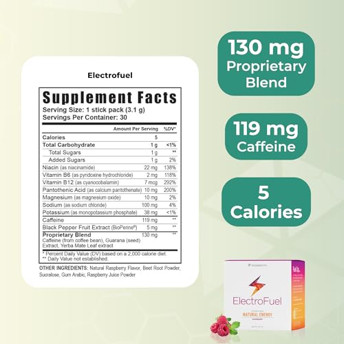 Youngevity Official ElectroFuel Natural Energy Drink Mix - Raspberry Electrolyte Powder - Energy and Hydration - 30 Sticks