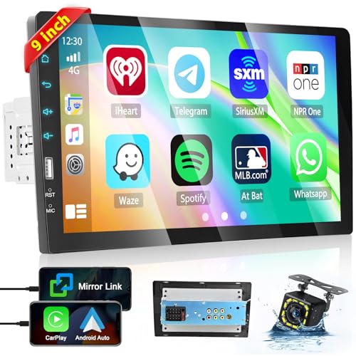 Hikity 9 Inch Single Din Car Stereo Support Carplay Android Auto Radio, Touch Screen with Bluetooth/GPS Navigation/Mirror ...