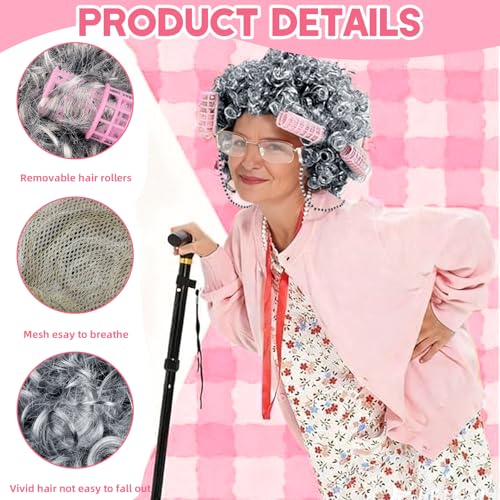 WOVOWOVO Old Lady Costume for Women,Grandma Costume Curly Grey Wig Set,Wig Caps,Madea Granny Glasses, Eyeglass Retainer Ch...