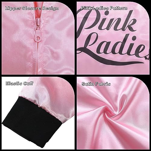 Leadtex 1950s Girls Party Pink Ladies Jacket Grease Costume with Chiffon Pink Neck Scarfs and Black Cat Eye Glasses