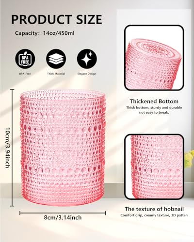 YOUBET 24PCS Plastic Drinking Glasses - 14OZ Pink Hobnail Drinkware Glasses - Vintage Glassware Textured Beaded Cups for W...