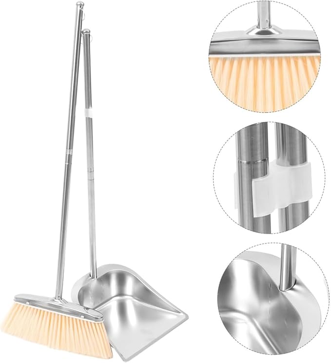 Stainless Steel Broom and Dustpan Set, Long Handle Floor Cleaning Tool & Home Cleaning Equipment, Heavy Duty Sweep Accessory for Living Room Bedroom Study Apartment Garage Bathroom Restaurant Office