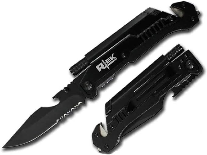 9" Tactical Spring Assisted Red Survival 7 in 1 Rescue Pocket Knife LED Light Fire Starter Blade Sharpener Bottle Opener G...