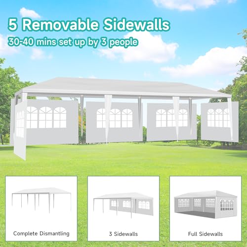 10' x 30' White Canopy Tent with 5 Removable Sidewalls, Outdoor Patio Gazebo with Transparent Windows, Shade Shelter Tents...