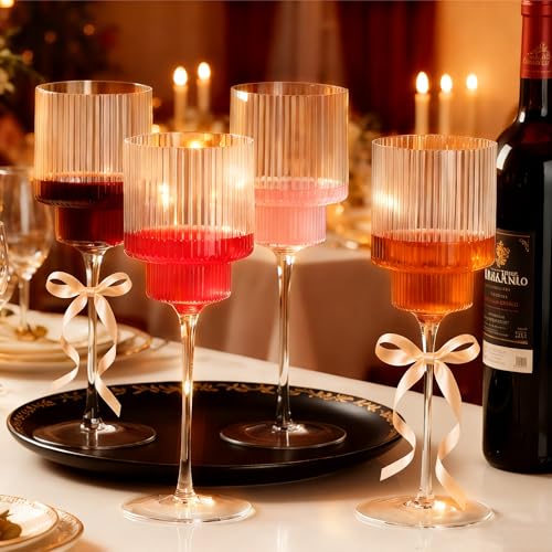 24PCS Ribbed Plastic Wine Glasses - 12oz Unbreakable Wine Glasses with Stem, Disposable Clear Plastic Champagne Cups with ...