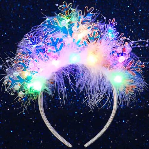 DRESBE Christmas Light Up Snowflake Headband LED Feather Pearl Headbands Glow Xmas Hair Accessories for Women