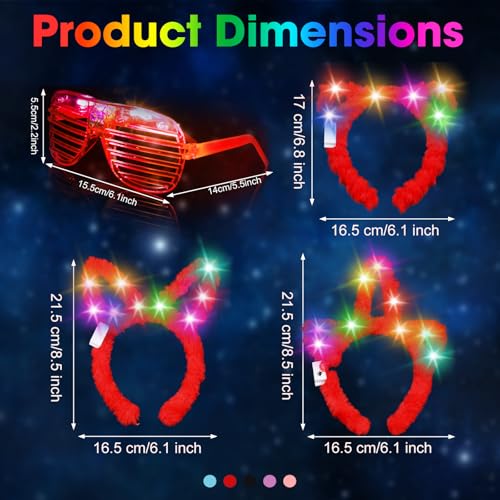 Honoson 30 Pcs LED Light up Glasses Cat LED Cute Headband Cat Ears Sunglasses Glow in the Dark Party Supplies (Long-pile)