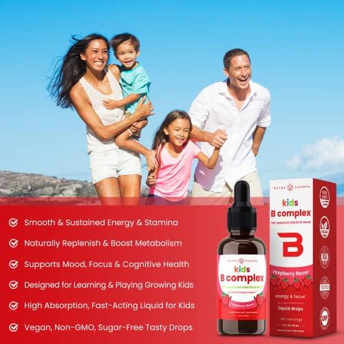 NutraChamps Vitamin B Complex for Kids, B1, B2, B3, B6, B7, B9 & Methyl B12, Kids B Complex Liquid Drops Supplement, Energy, Focus, Metabolism, Natural Berry, 120 Servings, 4 Month Supply