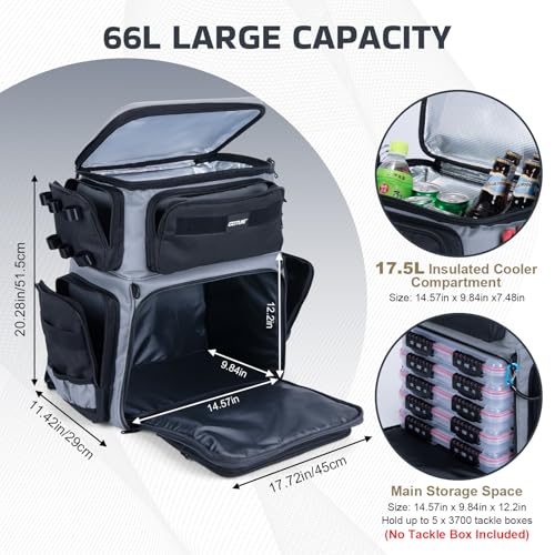 Goture Fishing Backpack with Cooler, 66L 600D Tackle Backpack with 3 Rod Holders, EVA Cover, Helmet Holder, Rain Cover, Sa...