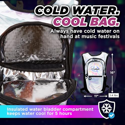 Rave2o Rave Hydration Backpack – Anti-Theft Festival Hydration Pack with 1.5L Leakproof TPU Bladder – Slim, Insulated Wate...