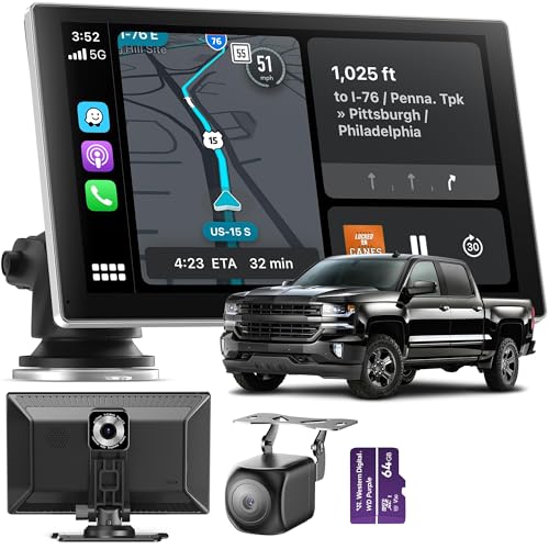 Portable CarPlay Screen for Car, 9'' Wireless Apple CarPlay & Android Auto Screen for Car, 4K Dash Cam, 1080P Backup Camer...