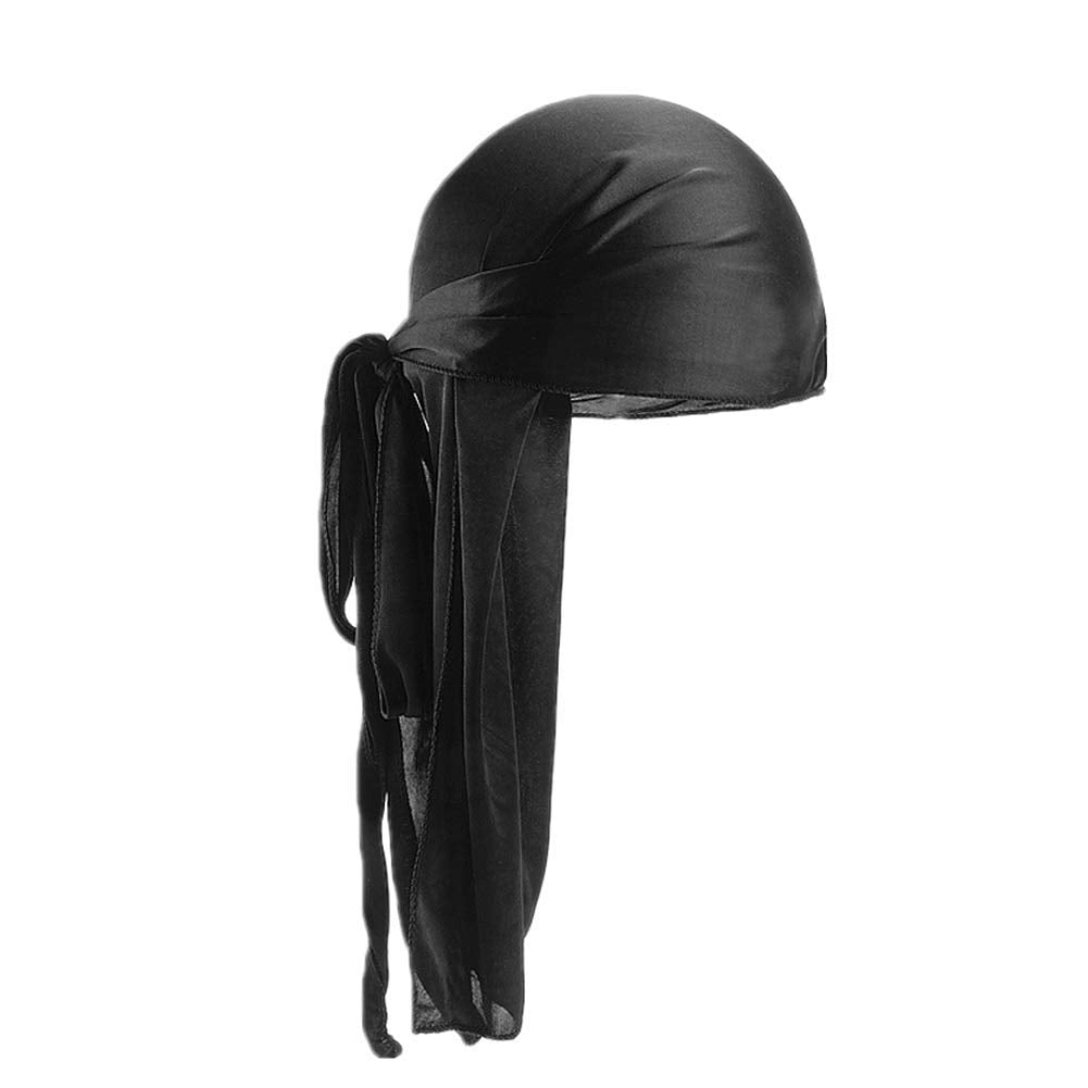Fxhixiy Men Women Durag Extra Long-Tail Headwraps Silky Satin Pirate Cap Bandana Hat for 360 Waves Black