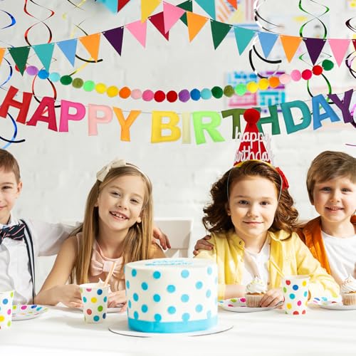 Pre Strung Happy Birthday Banner Set - Felt Ball Garland, Felt Birthday hat and Pennant Flags & Colorful Hanging Swirl, Re...
