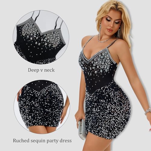 NIKBK Women's Rhinestone Sequin Party Dress Ruched Full Slip Dress Cocktail Homecoming Clubwear