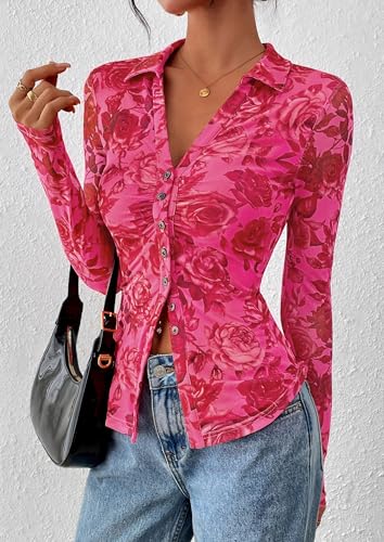PRETTYGARDEN Women Button Down Floral Shirts 2026 Fall Trendy Long Sleeve V Neck Mesh Boho Blouse Spring Tops Date Outfits