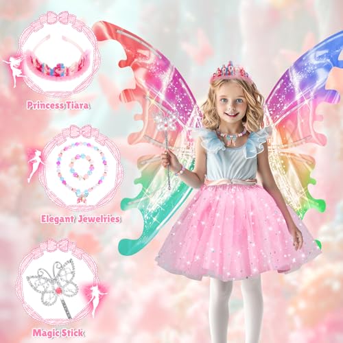 Princess Dress up Costume with Electric Fairy Wings for Girls 3-8, Light Up Moving Butterfly Wings with LED Lights&Music, ...