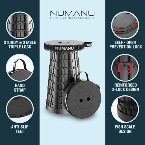 NUMANU 2PK 2025 Upgraded Collapsible Stool, Max 620lbs, 18"H Adjustable Portable Folding Stool for Adults, Retractable Fol...