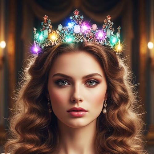 Yean LED Baroque Rhinestone Crowns and Tiaras Ligth Up Gold Bridal Queen Crown Crystal Wedding Party Tiara Headband for Women