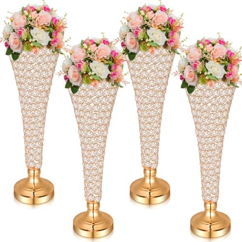 Rtteri 4 Pcs 20 Inch Tall Crystal Vase for Centerpieces Wedding Christmas Metal Crystal Trumpet Flower Vase Stand for Holi...