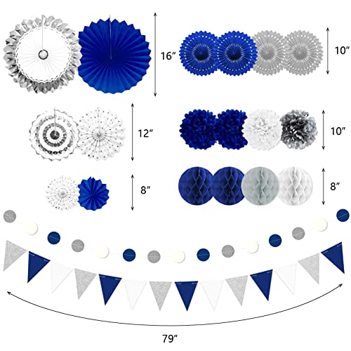 Blue and Sliver Party Decorations, 23Pcs Blue Birthday Decorations with Hanging Paper Fans, Pom Poms Flowers Packs for Gra...