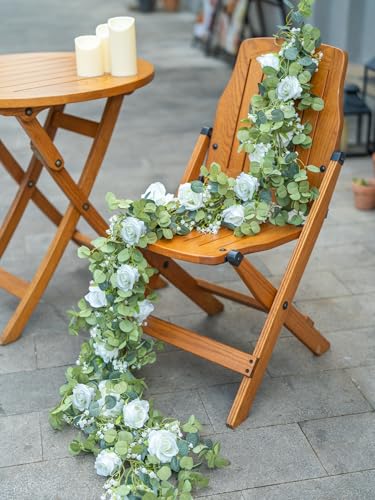 6FT Artificial Eucalyptus Garland with Flowers, 10 White Roses Baby Breath Garland Floral Greenery for Wedding Party Cente...