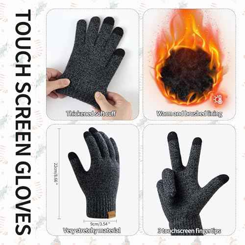 Mens Winter Beanie Hat Touchscreen Gloves Long Scarf 3 Set with Warm Fleece Lined Knit Cap Scarves for Men Women