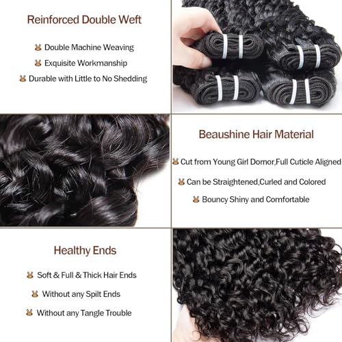 Wet and Wavy Human Hair Bundles Water Wave Bundles with Closure Human Hair-16 18 20+16inch 10A Raw Brazilian Virgin Hair and Free Part Lace Closure Natural Black