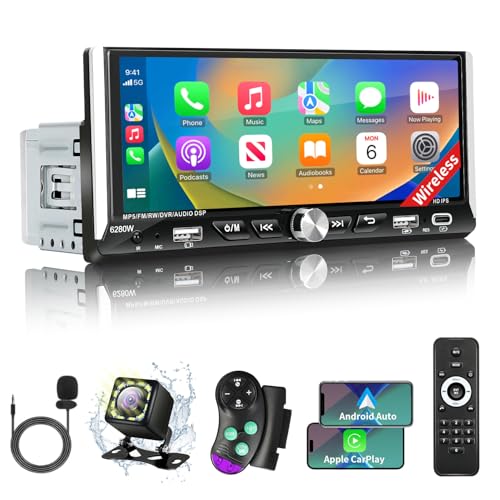 Single Din Car Stereo with Wireless Apple Carplay Android Auto, 6.9" IPS Touchscreen Car Stereo with Bluetooth 5.2 Handsfr...