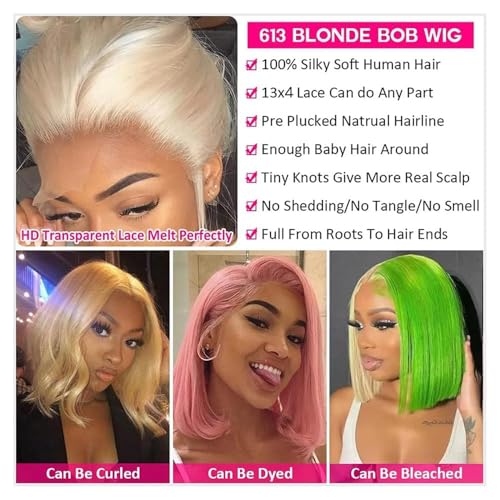 613 Lace Front Wigs Human Hair 200% Density 13x4 HD Lace Frontal Wig Pre Plucked With Baby Hair Glueless Short Straight Bob Wigs for Women (Blonde, 16 inch)