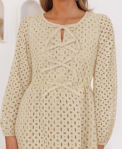 ZESICA Women's Long Sleeve Mini Dress 2026 Fall Crewneck Tie Front Hollow Out Eyelet Babydoll A Line Short Dresses