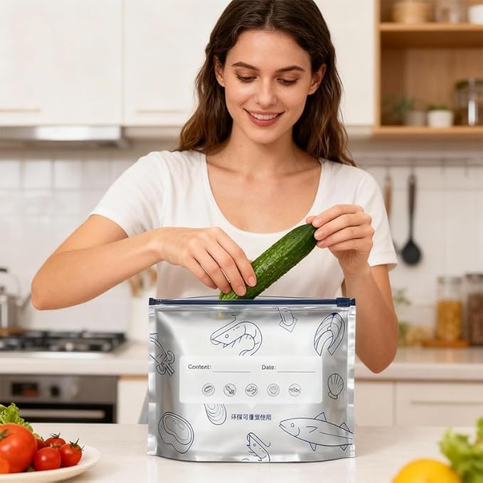 30PCS Reusable Aluminum Foil Storage Bags – Resealable Stand-Up Zip Lock Pouches with Labels, Durable Vacuum Sealable Bags for Vegetables, Fruit, Meat & Snacks (3 Sizes)
