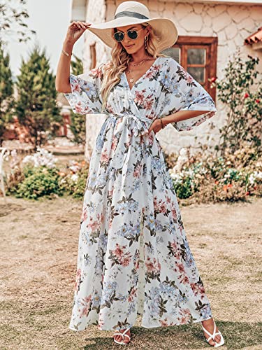 ANRABESS Womens 1/2 Sleeve Beach Wedding Guest Maxi Dresses 2025 Fall Wrap V Neck Boho Floral Flowy Slit Long Summer Dresses