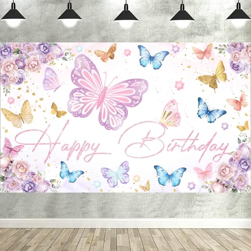 Butterfly Birthday Backdrop Banner Decorations Pink Spring Butterfly Background Photo Booth Props for Butterfly Theme Girl...